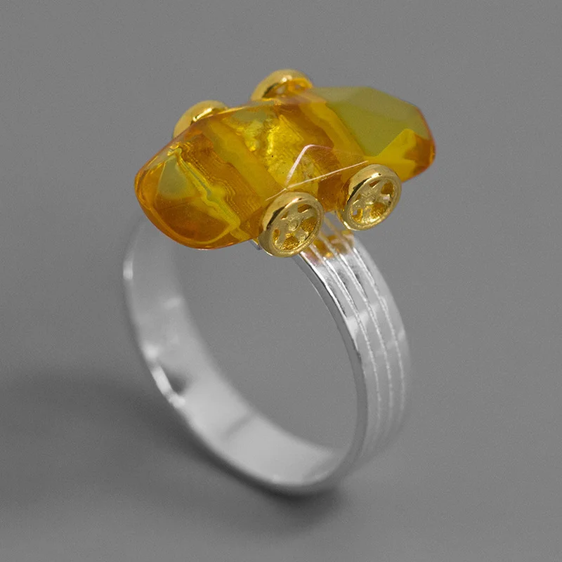 

INATURE Natural Amber Tesla Car Rings for Women 925 Sterling Silver Finger Ring Party Jewelry