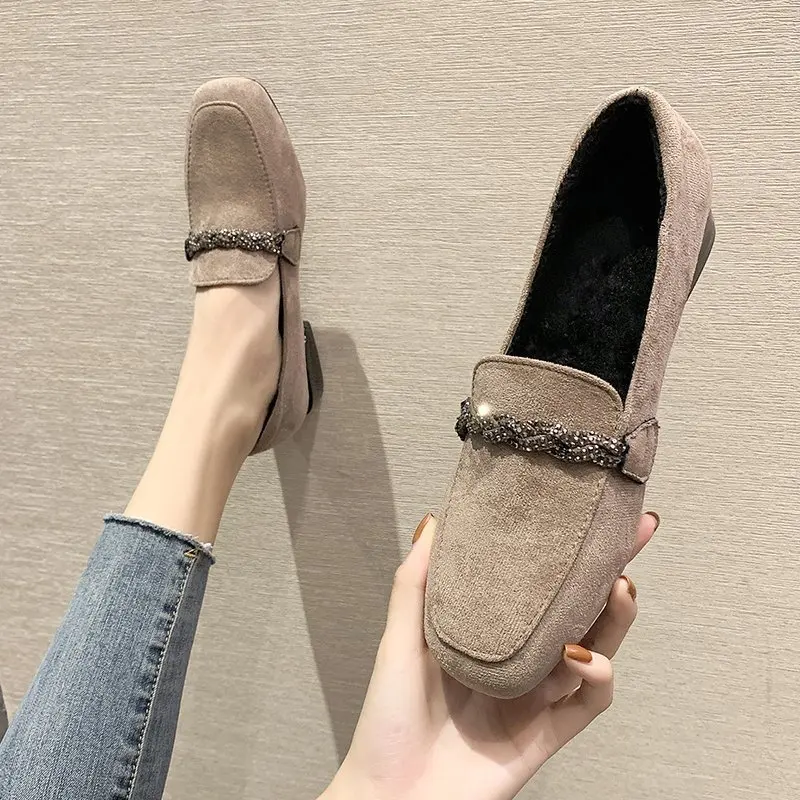 

Women Loafers Low Heels Slip on Shoes Fashion Dress Office Casual Suede Plush Warm Ladies Lazy Shoe