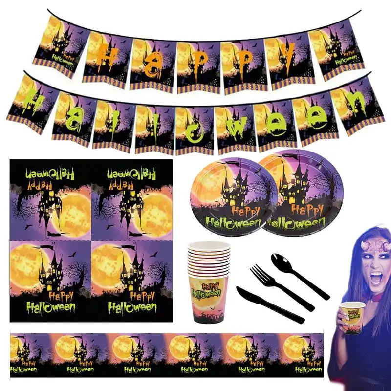 

Complete Party Pack 82pcs Portable Trick Or Treat Tableware Set Wear-Resistant Food-Grade Halloween Party Decoration Tableware