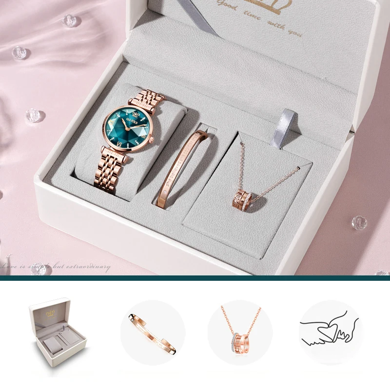 OLEVS Women Luxury Jewel Quartz Watch Rose Gold Rhombus Mirror Stainless Steel Strap Watch for Women necklace bracelet Gift Set enlarge