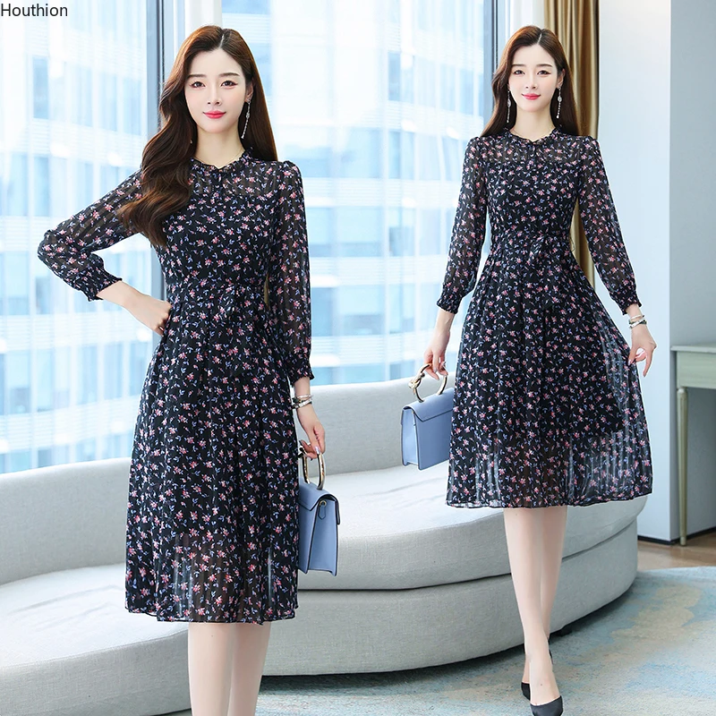 

Summer New Women's Dresses V-neck Long Sleeve Printing Korean Chiffon Fashion Loose Female Clothing Houthion