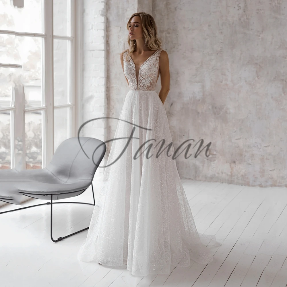 

Glitter V-Neck Sleeveless Wedding Dress Sweep Train Lace Appliques Bridal Gown Beading Backless A-Line Bride Dress With Pockects