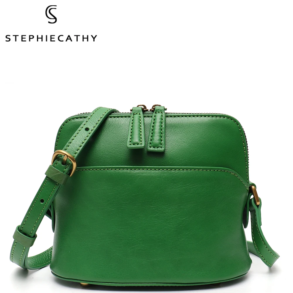 

SC Luxury Genuine Leather Messenger Bags Women Retro Multi Pockets Shell Purse Female Handmade Cow Skin Shoulder Handbags Green