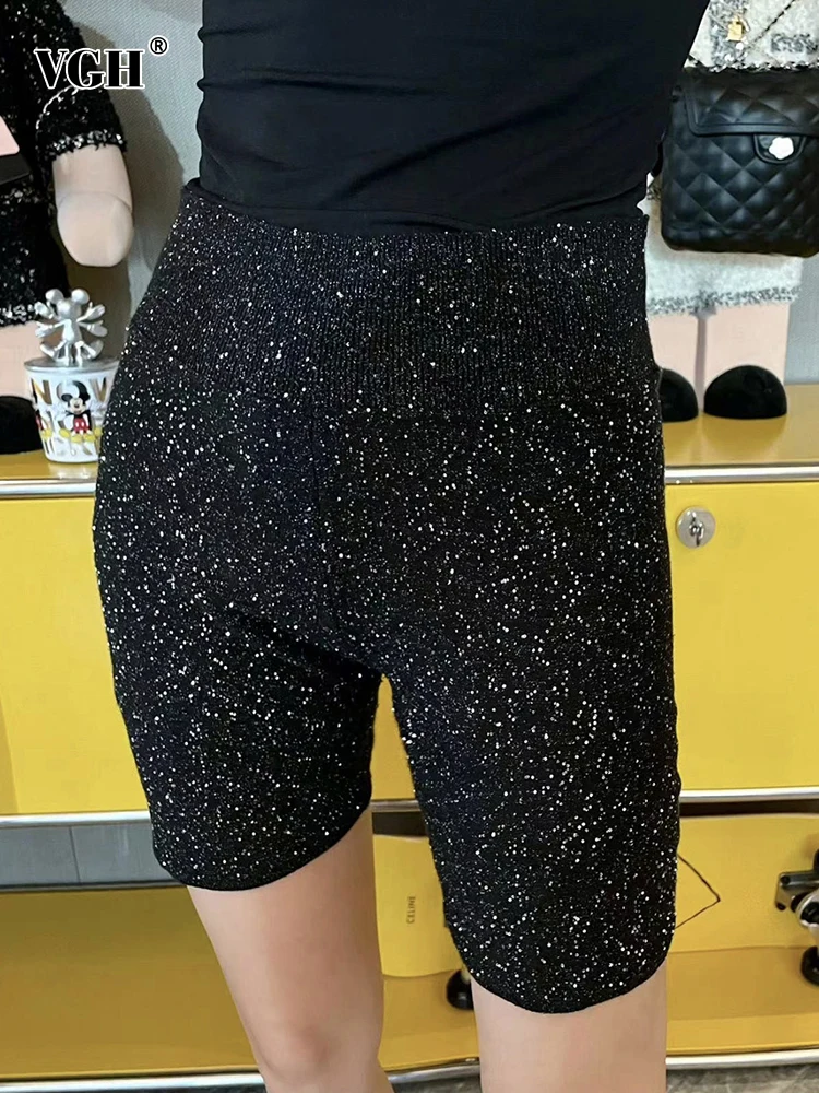 

VGH Casual Slim Knee Length Pants For Women High Waist Patchwork Bright Silk Sequins Pant Female 2022 Spring Clothing Style New