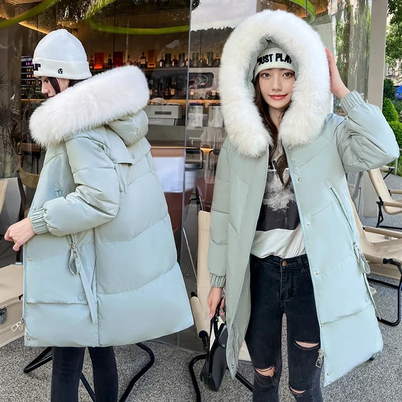 Down Cotton Jacket Women 2023 Autumn Winter New Korean Slim Padded Coat Female Large Size Fur Collar Hooded Long Parkas