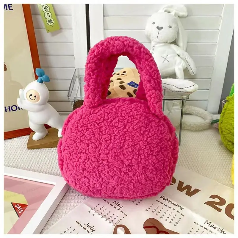 Korean Cute Lamb Flannel Bag 2022 Autumn And Winter Strawberry Bear Cartoon Bag Children's Casual Portable Going Out Handbag