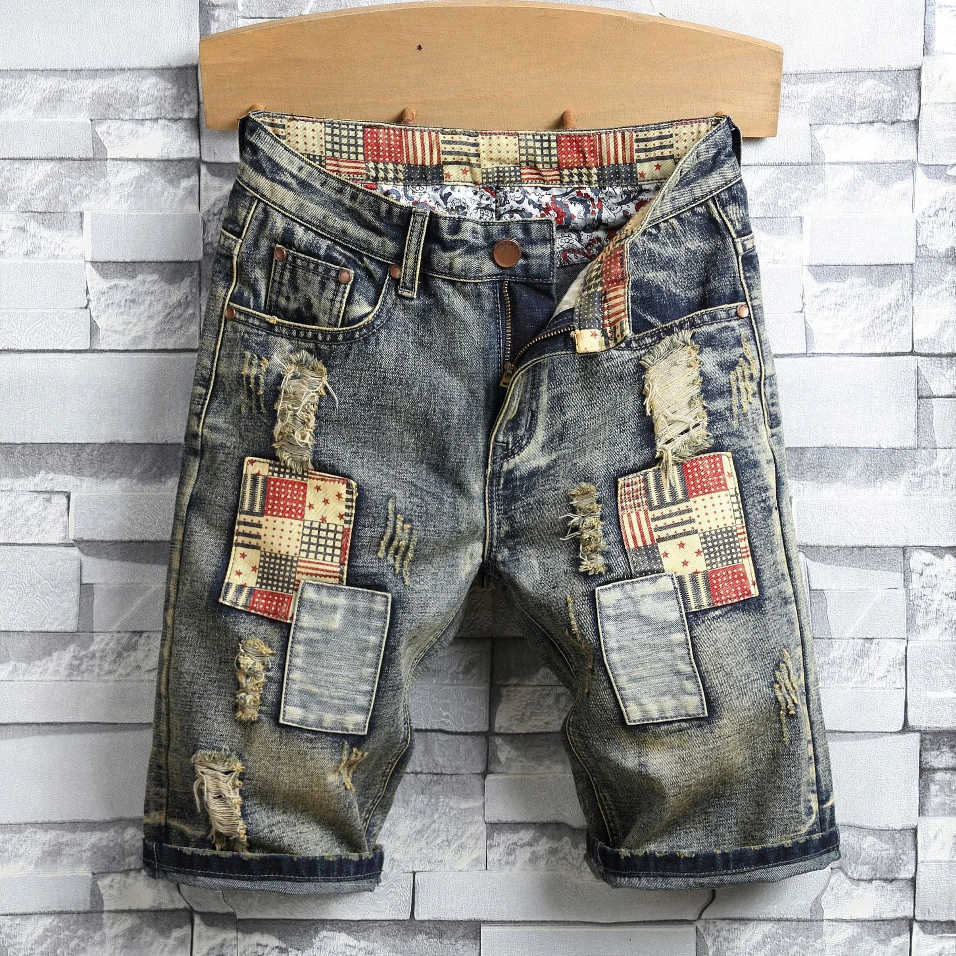 Hole Vintage Men Jeans Shorts Denim Distressed Knee Length Pockets Spliced Cuffs Skinny Washed Punk Style Ripped Mid Waist 2025
