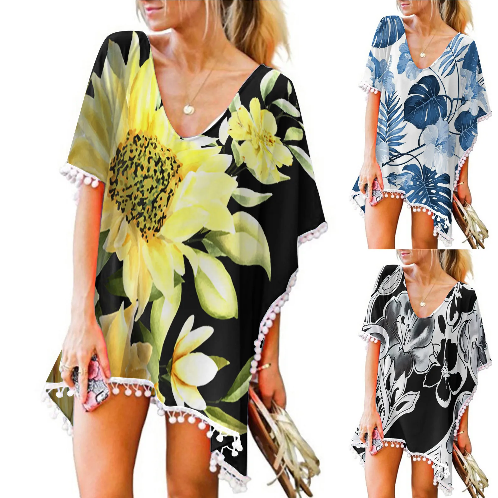 

Купальник, кафтан, отделка бикини, женская накидка, топы с кисточками, Пляжная шифоновая свободная купальная одежда, винтажные купальные ко...