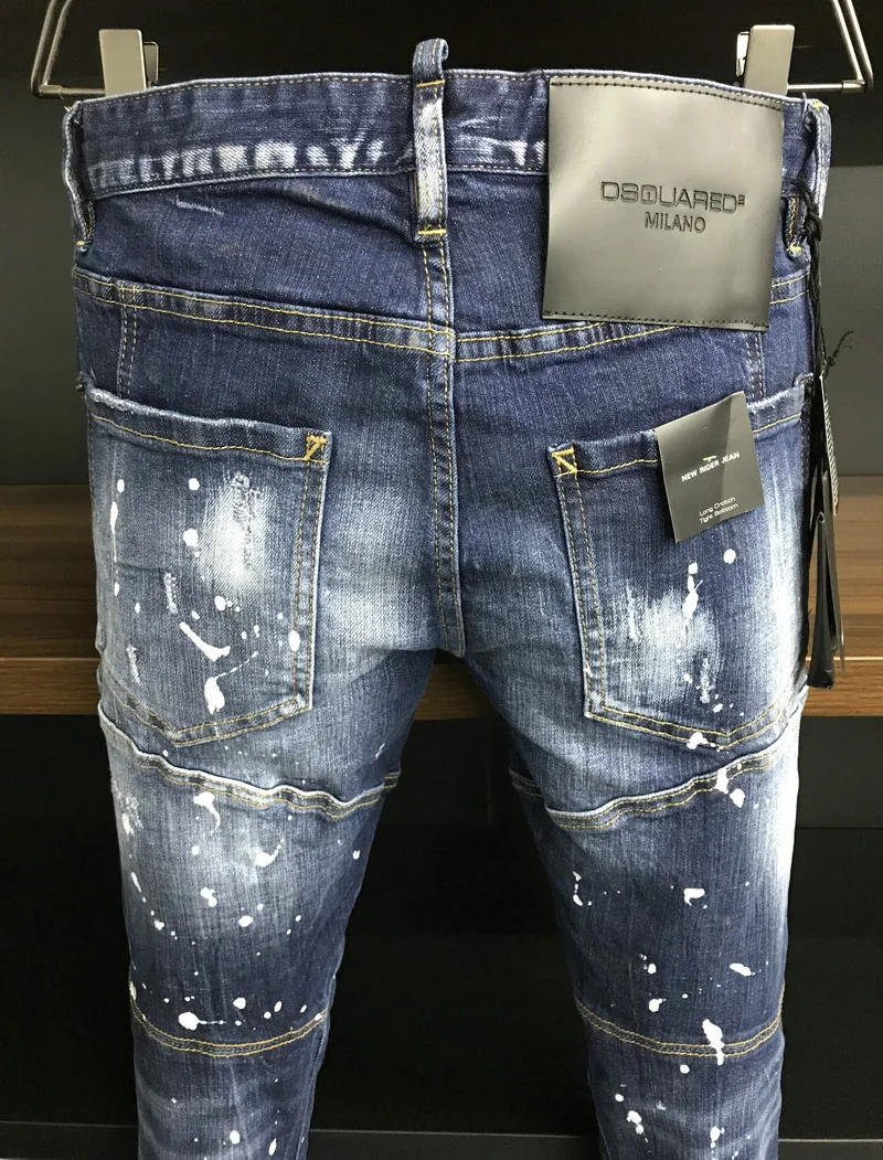 New Men's Dsquared2 Buttons Jeans Ripped For Male Skinny  Pants Men's Denim Trousers Top Quality Slim Jeans A505