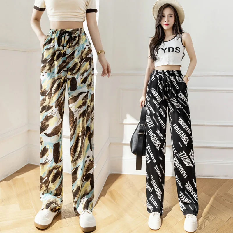 

2023 Summer Ice Silk Chiffon Wide-Leg Pants Women's Printed High Waist Drape Loose All-Match Thin Casual Straight-Leg Pants