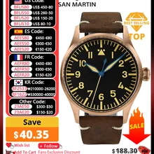 San Martin 41mm Cusn8 Bronze Pilot Watch NH35 Automatic Mechanical Men Watches Military Simple Sapphire 10Bar Leather Relojes