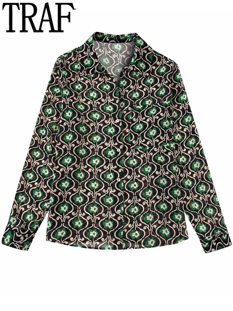 

Женская Полупрозрачная рубашка с цветочным принтом, длинным рукавом и воротником на пуговицах