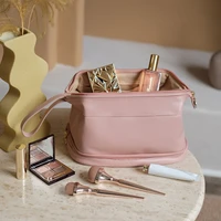 double layer makeup bag large make up bag zipper pouch travel cosmetic toiletry bag for women and girls pu leather cosmetic bag