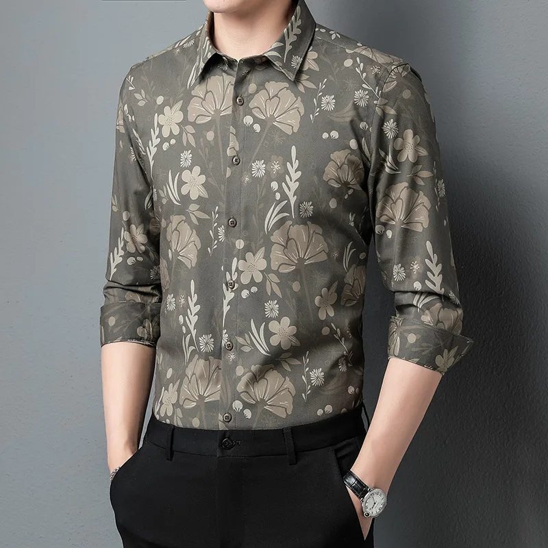 Mattswag Mens Flowers Printing Vintage Long Sleeve T Shirts Spring Autumn Breathable Men's Clothing Casual Slim Fit Shirt Camisa
