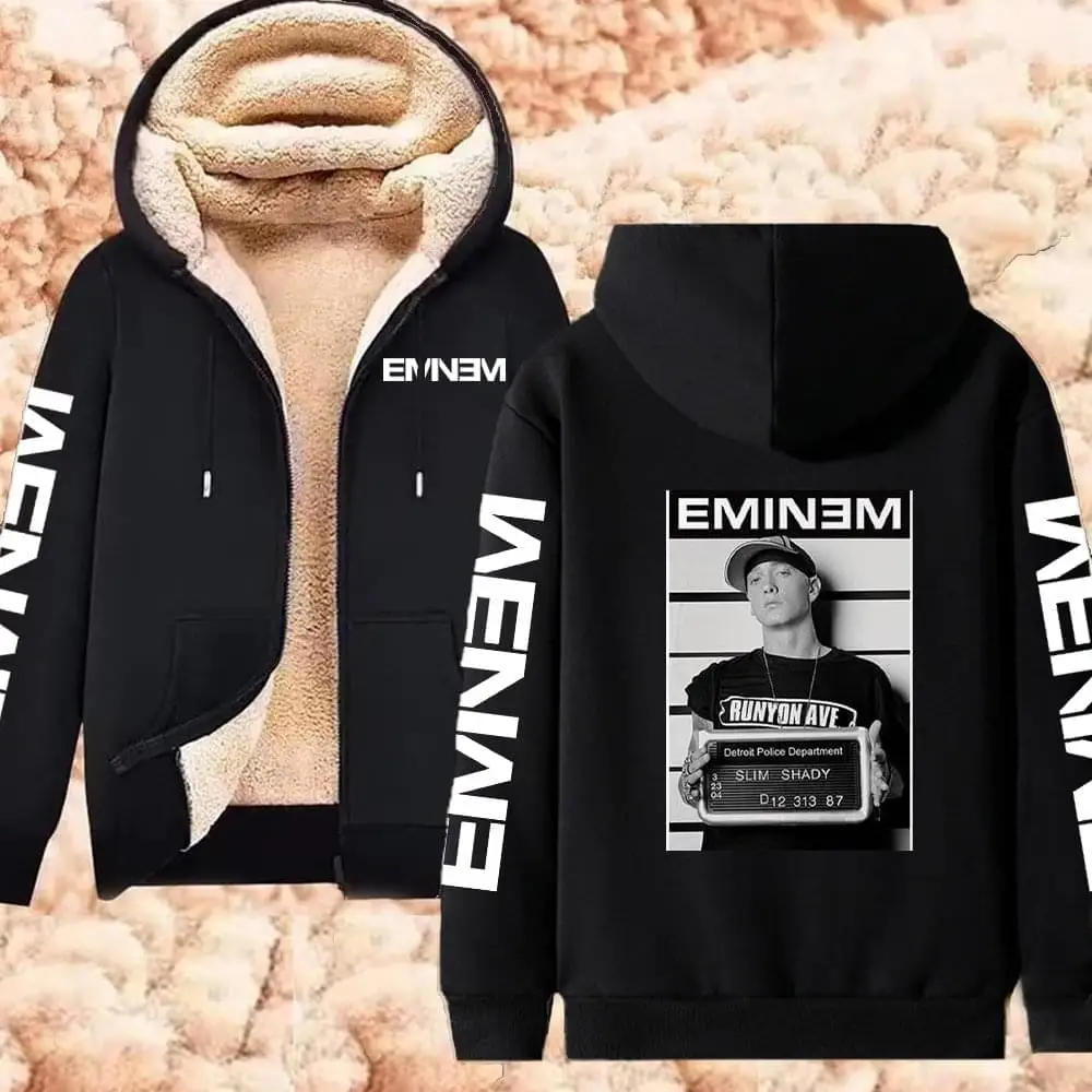 

Eminem Hoodies Winter Warm Lambswool Sweatshirts Thicken Windproof Zipper Jackets Rapper Hip Hop Streetwear Large Size Unisex