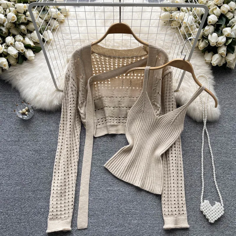 

Hikigawa Chic Fashion Autumn Solid Elegant Hollow Out Long Sleeve Knitted Cargidan Coat+Y2k Cropped Camisole 2 Piece Women Sets