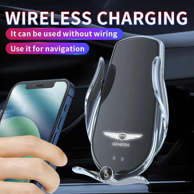 

Car Mobile Phone Holder Air Outlet Clamp15W Wireless Charger For Genesis Coupe G70 G80 Gv70 Gv80 Emblem Phone Bracket Accessory