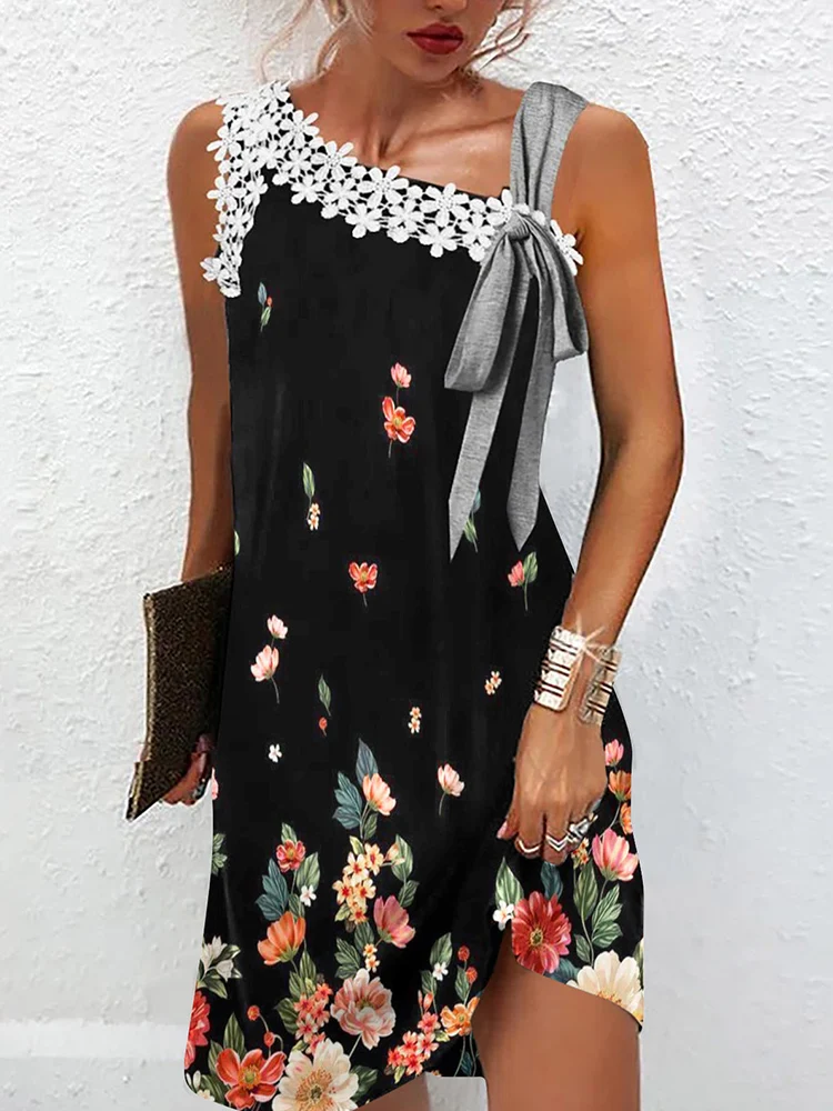 Элегантное повседневное платье с завязкой на бант, женское, мини, для вечеринок, летнее, с одним открытым плечом, с кружевными вставками, новая мода, шик, прямое, пляжное.