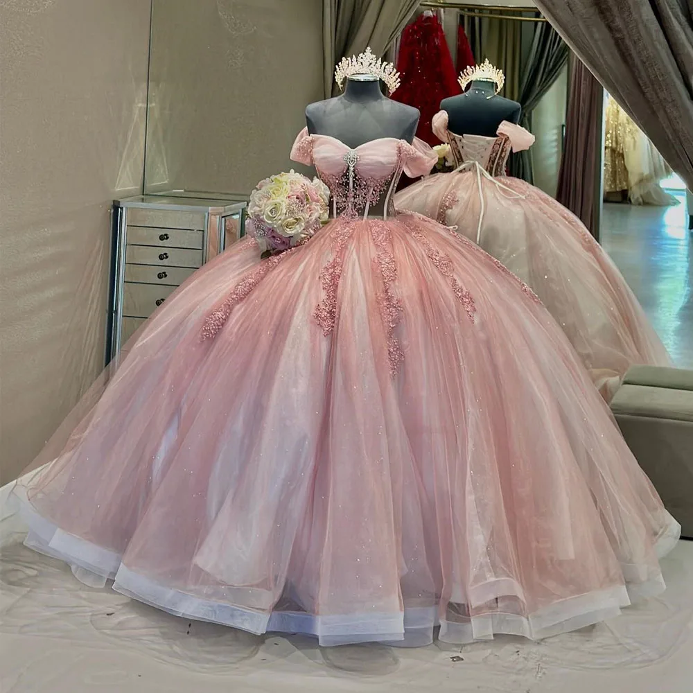 

ANGELSBRIDEP Pink Quinceanera Dresses Ball Gown Off Shoulder Beaded Lace Sparkle Mexican Sweet 16 Dresses 15 Anos Tulle Corset