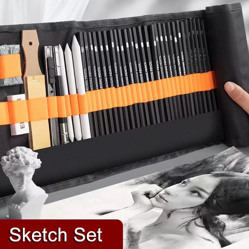 27/38/47pcs Sketch Pencils Set Sketching Kit Canvas Pencil Bag with Drawing Charcoals Kneaded Eraser Pencil Case  Art Supplies