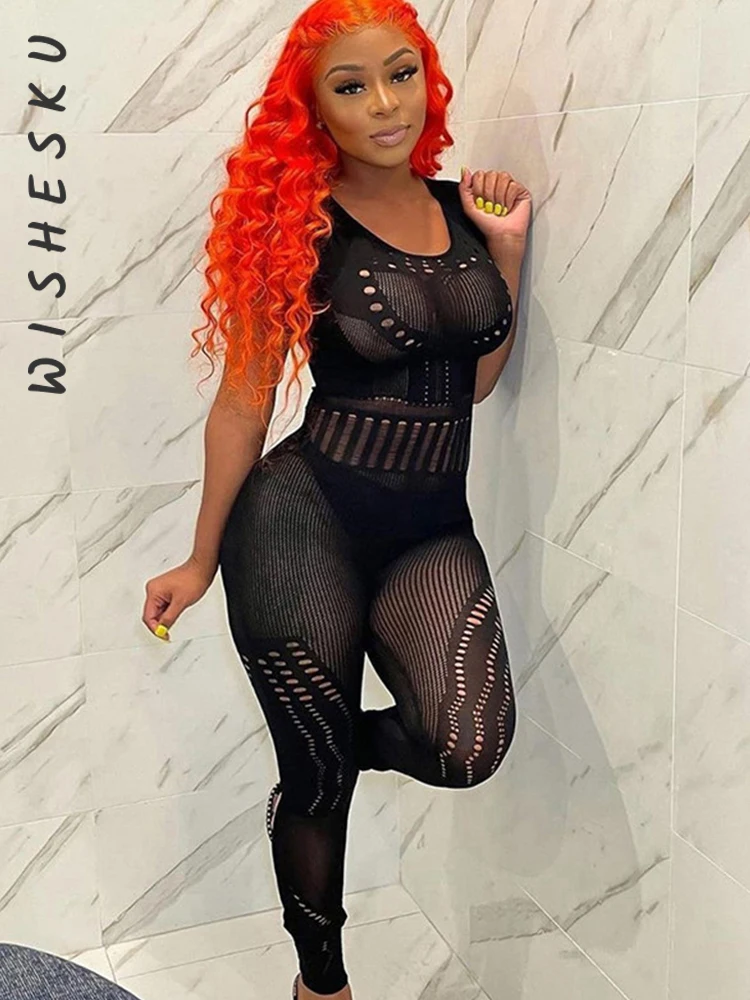 

Solid Casual Jumpsuits Women Unique Hollow Out Striped Sleeveless O-neck Body-shaping Overalls 2022 Spring Fall Y2K Clothes