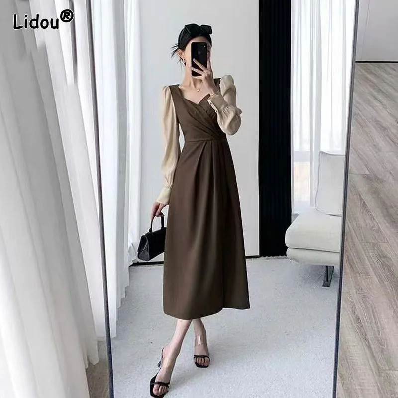 

Lantern Sleeve Pullover Office Lady Mid-calf Dresses Folds Empire Sequare Collar Spring Summer Patchwork Grace Women's Clothing