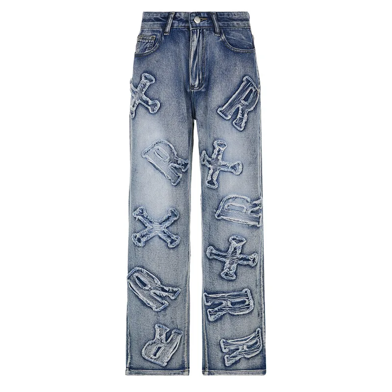 Light Blue Letter Patch Embroidered Straight Jeans Women Ins High Waist Wide Leg Jean Pant Vintage Casual Pockets Denim Pants