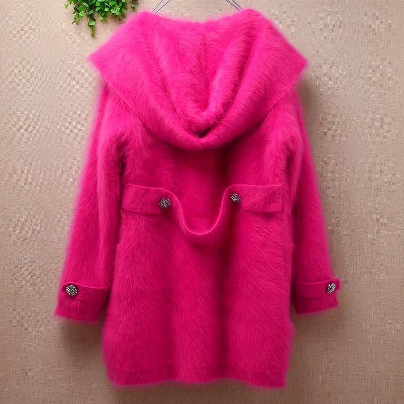 

ladies women fashion pull rose mink cashmere knitted hooded long sleeves loose cardigan angora rabbit fur jacket coat sweater