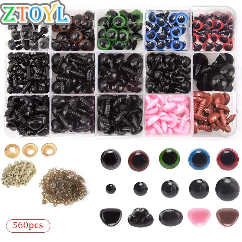 

560 шт./коробка, безопасные глаза и носы с шайбами для кукол, набивных животных, крючком, черные блестящие глаза для рукоделия, изготовления медведя