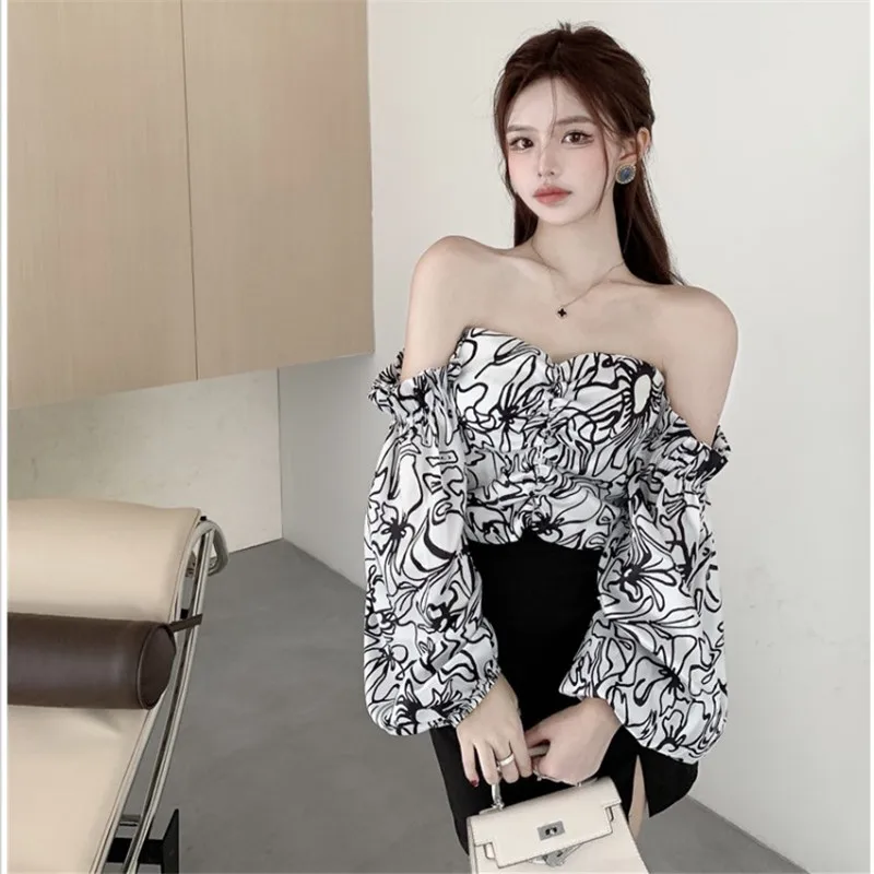 

Summer Holiday Sexy Off Shoulder Tops French Long Puff Sleeve Printed Strapless Shirt Slash Neck Backless Chic Short Slim Blouse