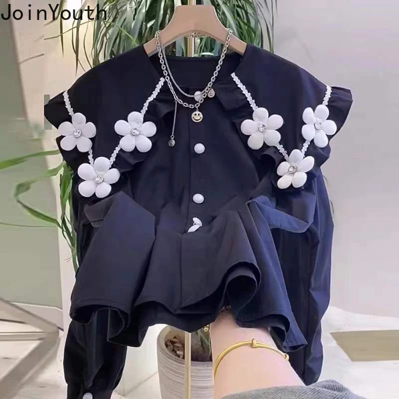 Корейские рубашки женские блузки с бисером и цветочным принтом модная женская