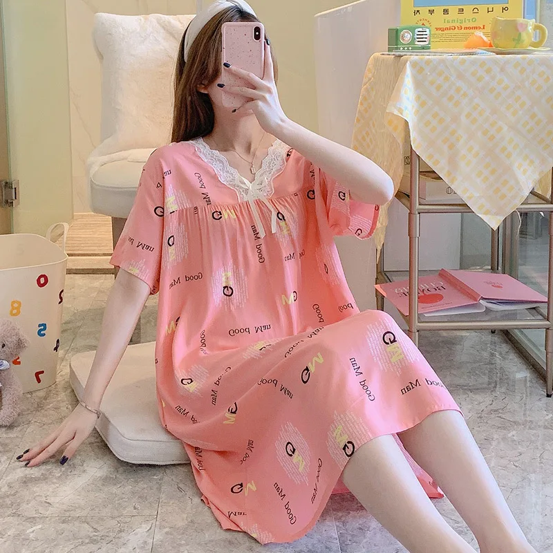 Lady's Nightgown Student V-neck Short Sleeve Cotton Silk Nightdress Sexy Sleepwear
