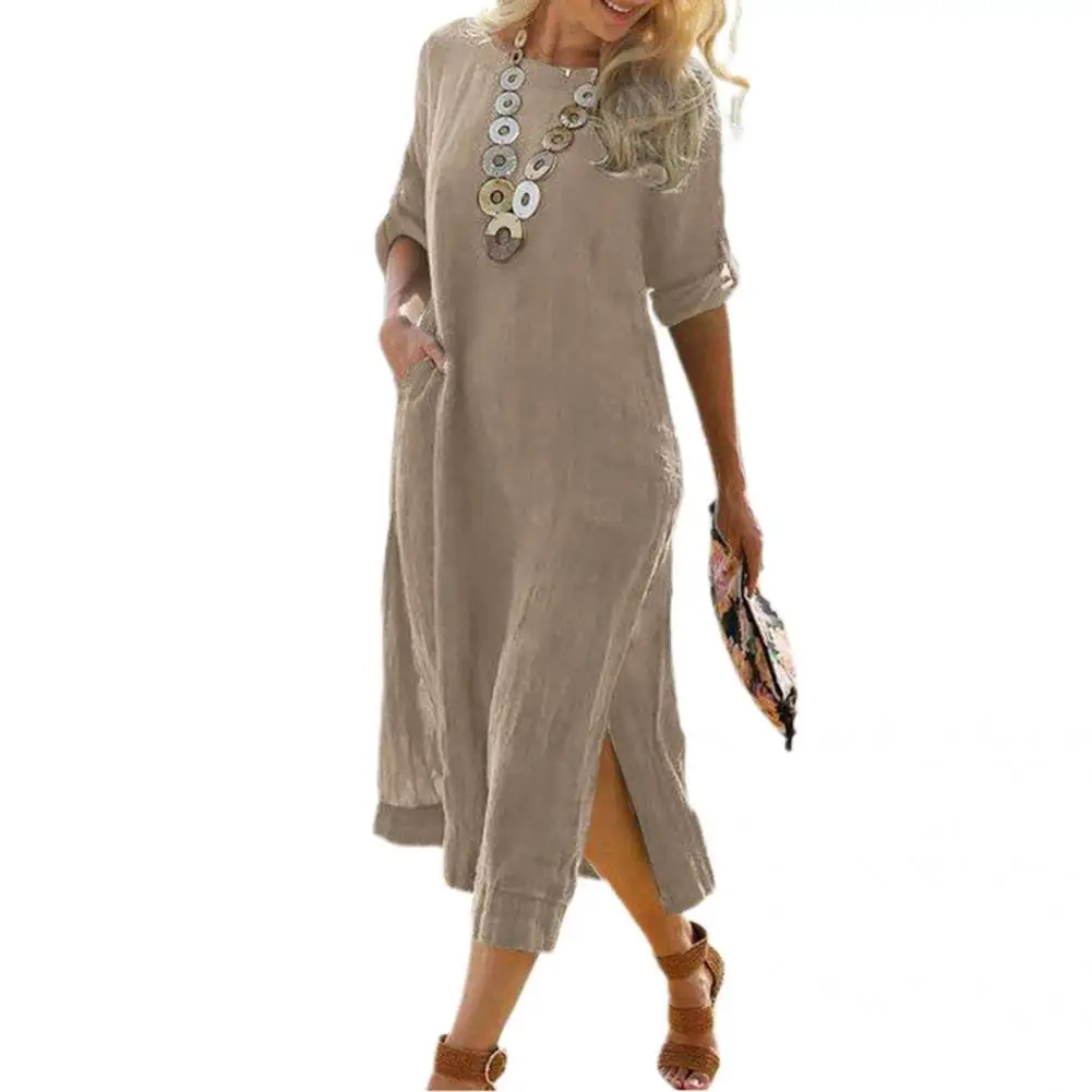 

Casual Women Dress Mid Waist All-match Fashion Dress Solid Color Ladies Adjustable Long Sleeve Dress