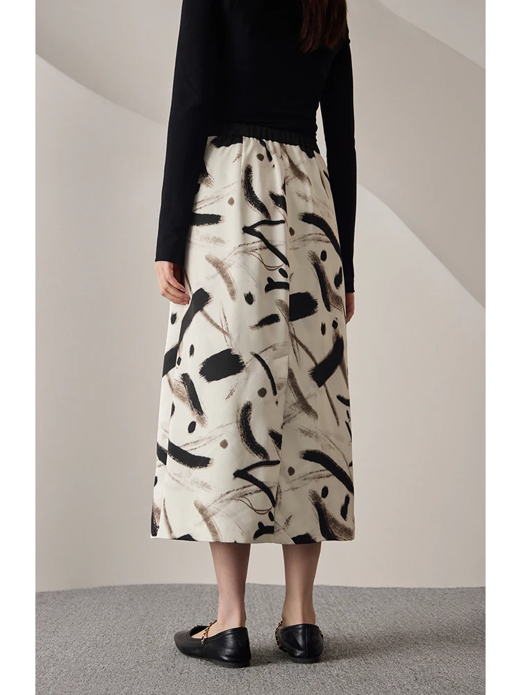 Okrągła spódnica damska ZIQIAO w chińskim stylu malowana tuszem jesień 2023 nowym z wysokim stanem średniej długości