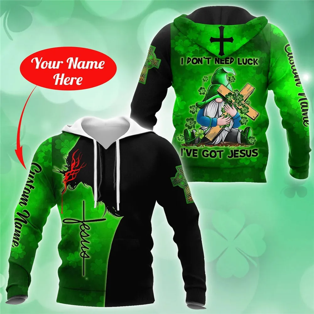

HX Irish Saint Patrick Day Hoodies I‘ve Got Jesus Lucky Leaf 3D Graphics Pullovers Sweatshirts Men Clothing Sportswear
