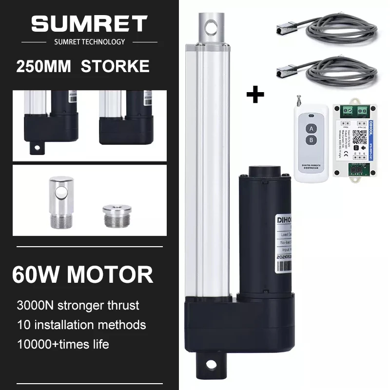 0-250MM Adjustable Stroke Linear Actuators Kit RF Wifi Controller Magnet Induction Switch DC 12V 24 Volt Heavy Duty 3000N