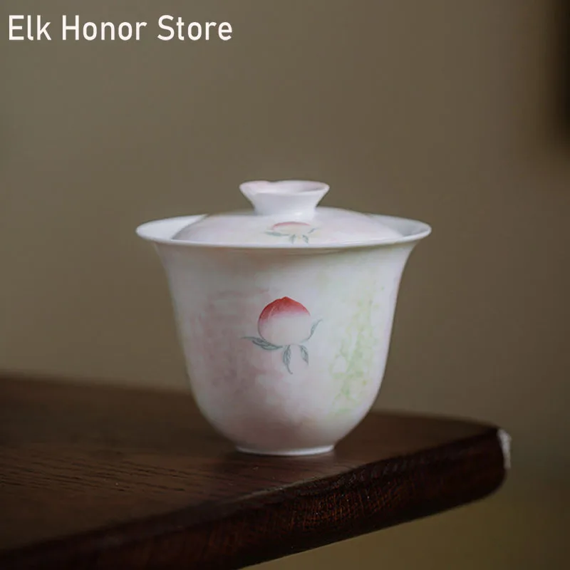 

125ml Pure Hand-painted Peach Powder Ceramic Tea Tureen Tea Cup Single Tea Maker Covered Bowl Kung Fu Tea Set Hand-held Tea Bowl