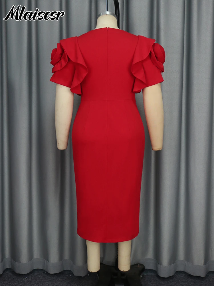 Женское офисное платье миди Mlaiscsr красное с круглым вырезом и оборками коротким