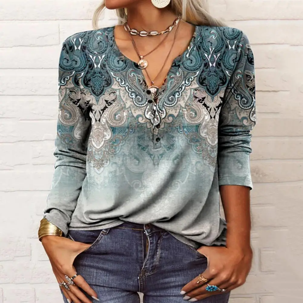 

Женская футболка в этническом стиле, Свободный пуловер с V-образным вырезом и длинным рукавом, винтажная блузка в богемном стиле для осени и ...