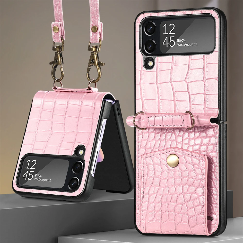 

Crossbody Phone Case for Samsung Galaxy Z Flip 4 5G Crocodile Print Credit Cards Slot Shockproof Leather Back Cover with Lanyard