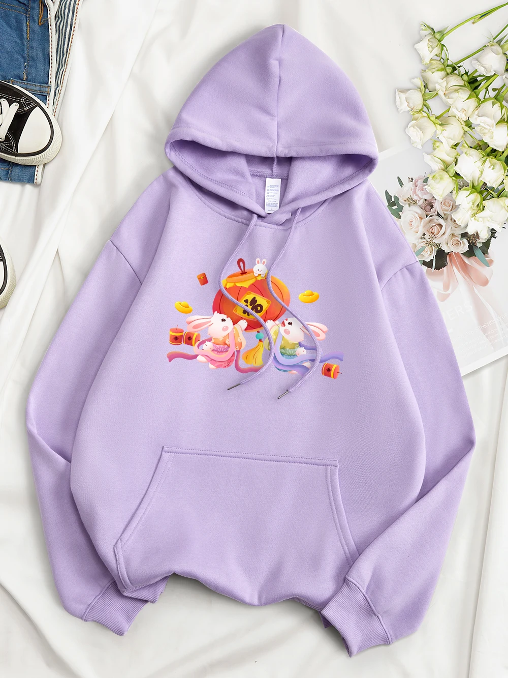 

The Fairy Rabbit Hung A Lantern To Send Blessings Woman Cotton Pullover Fashion Casual Hoodies Autumn Warm Tops Female Tracksuit