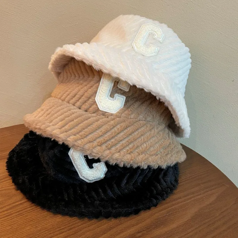 

Lamb Wool Letter Fisherman Female Japanese Wild Retro Warm Plush Basin Tide Hats for Women Hats Bucket Hat Harajuku Sun Hats