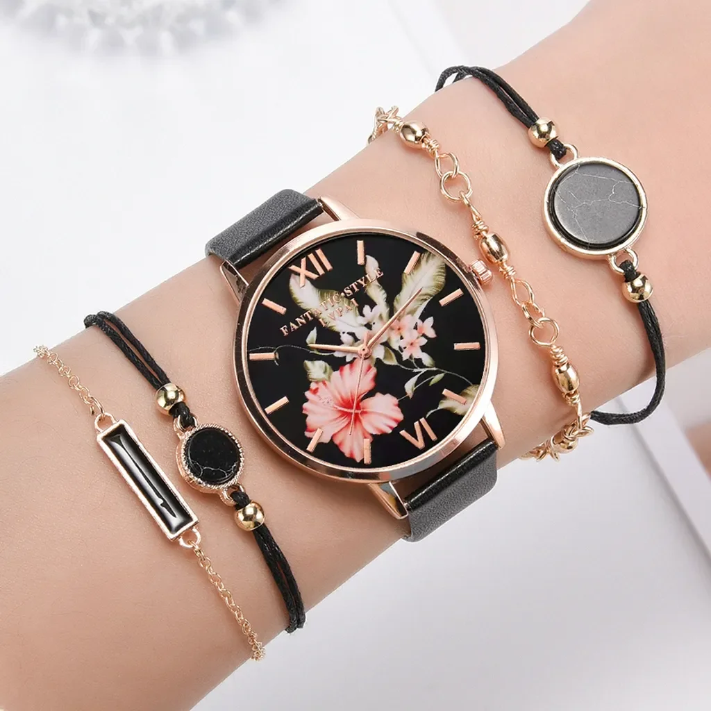 Set Women 5pcs Woman Quartz Wristwatch Leather Ladies Bracelet Luxury Watch Casual Relogio Femenino Gift For Girlfriend