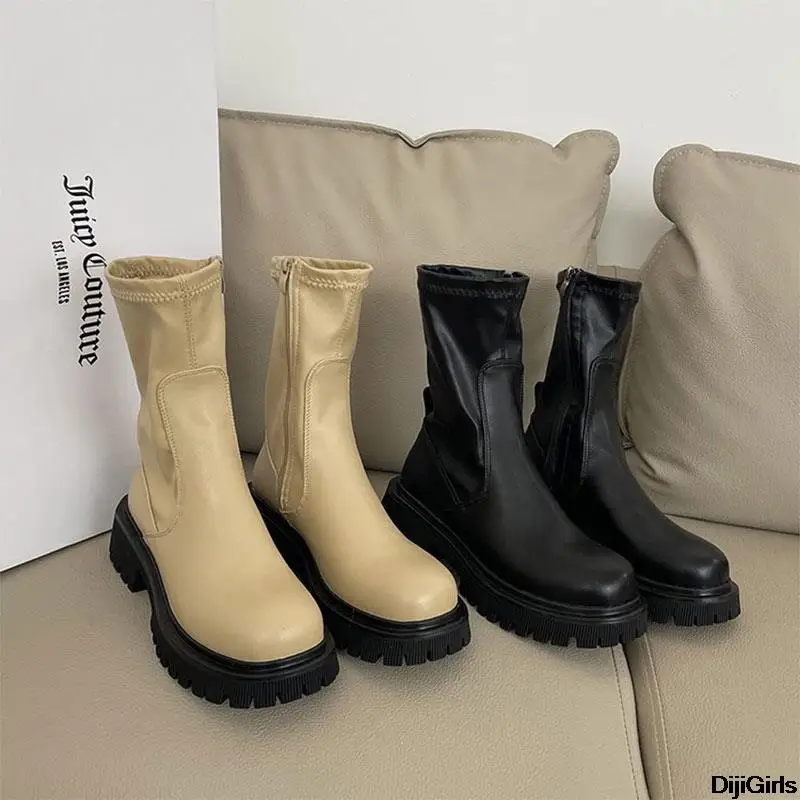 

Mr Co Women Ankle Boots Female Pu Leather Fashion Platform Block Heels Shoes Ladies Soild Side Zip Thick Bottom Short Boot New