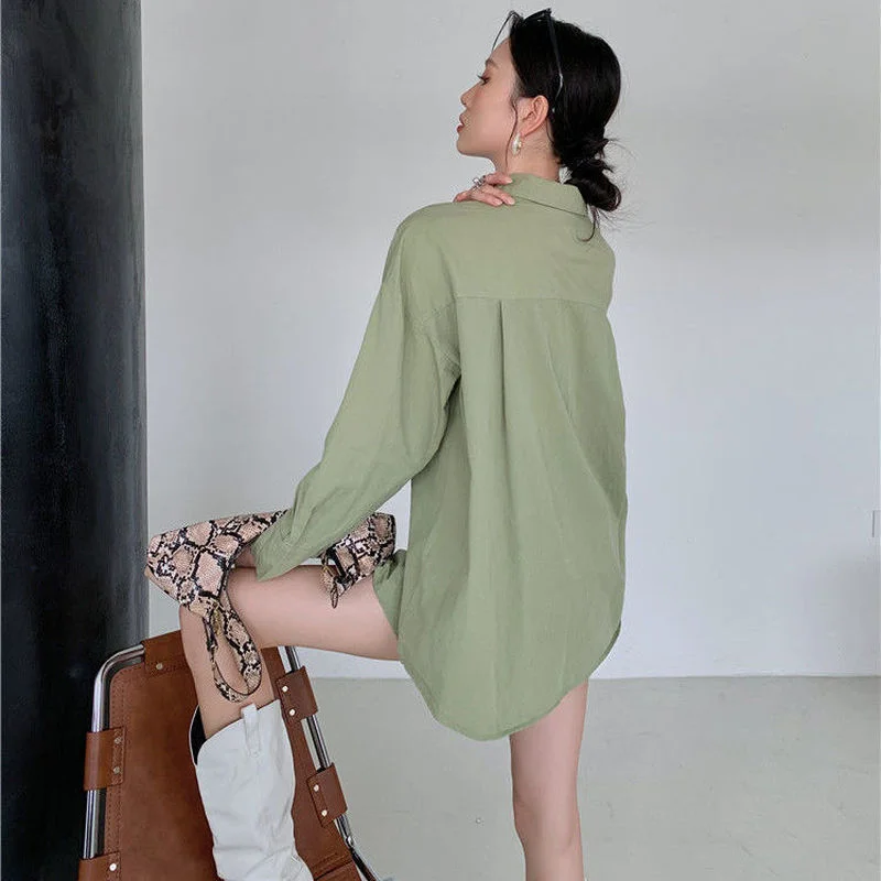 QWEEK  Female Blouse Korean Style Chic Woman Shirt Harajuku Green Top Oversized Long Sleeve Tunic streetwear Fashion alt clothes