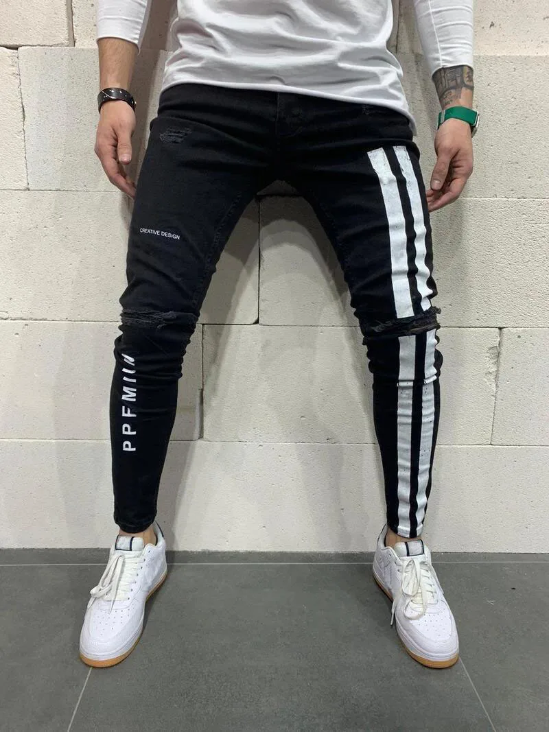 Men's Hip-Hop Hole Ripped Pants Fashion Jeans Men Side Stripe Jeans Big Size  Skinny Stretch Slim Fit Pants