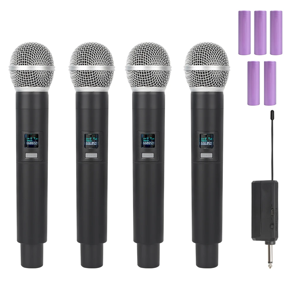 

Новый беспроводной микрофон 4 канала СВЧ двойная ручная динамическая Беспроводная микрофонная система Набор Для Shure караоке голосовой усил...