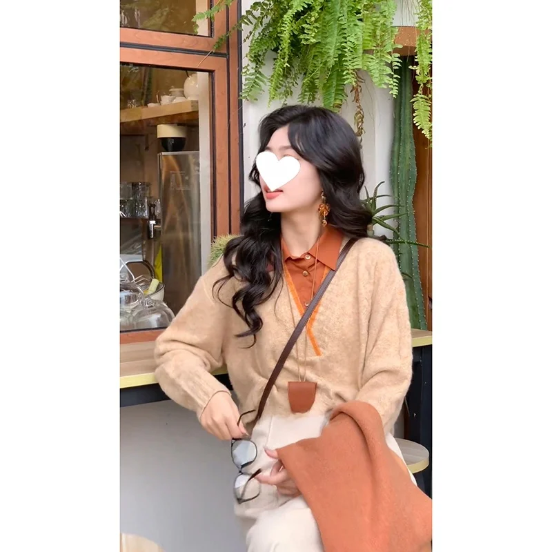 Гонконг Sle ретро поддельные две части свободный утягивающий вязаный топ женский