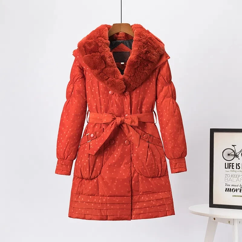 Down Jacket Women Hooded Rex Rabbit Fur Collar Fashion Slim Parkas Female Large Size Waist Long Thick White Duck Down Jacket
