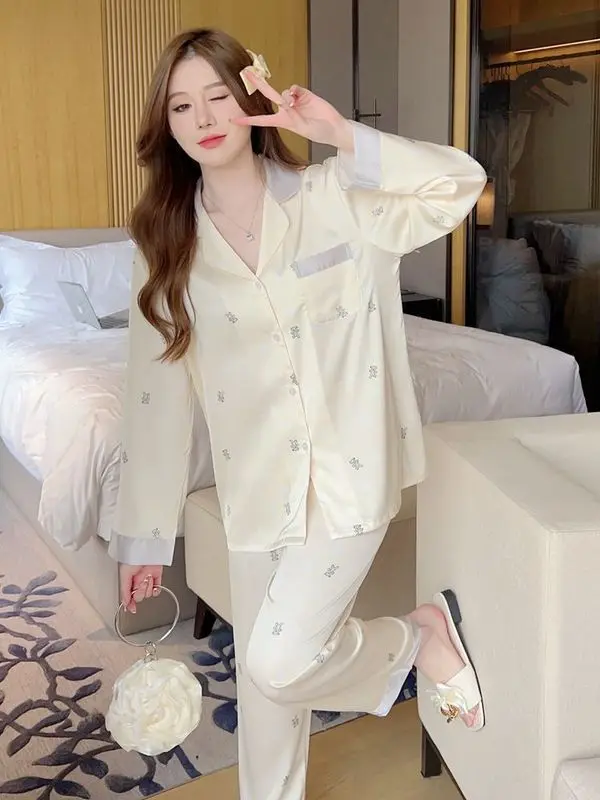 Жаккардовый пижамный комплект с принтом медведя женский милый студенческий